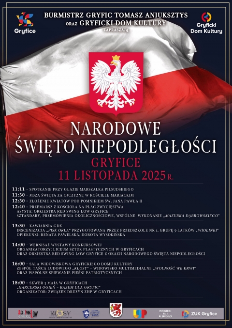 Burmistrz Gryfic oraz Gryficki Dom Kultury serdecznie zapraszają mieszkańc&oacute;w miasta i gminy Gryfice do wsp&oacute;lnego świętowania 107. rocznicy Odzyskania Niepodległości.
