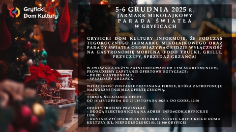 5-6 grudnia 2025 r. - Jarmark Mikołajkowy / Parada Światła w Gryficach.