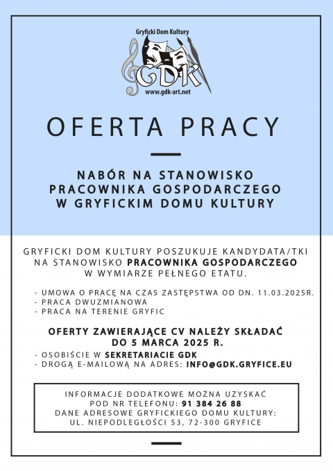 Oferta pracy - nabór na stanowisko pracownika gospodarczego w GDK